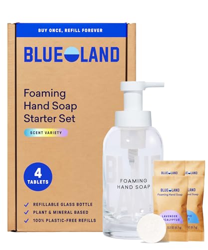 BLUELAND Hand Soap Starter Set, 1 Refillable Glass Foaming Hand Soap Dispenser with 4 Refill Tablets, Variety Scents, 4 x 9 Fl oz