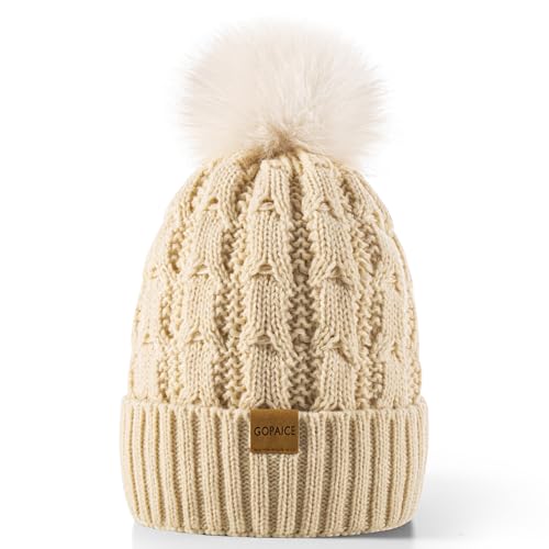 Gopaice Womens Winter Knitted Beanie Hat,Warm Fleece Lined Soft Chunky Trendy Ski Cap with Cute Pom Pom Beige