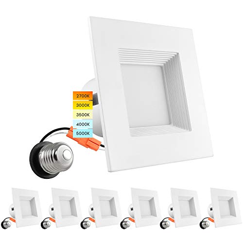 Luxrite 4 Inch Square Recessed LED Can Lights, Color Temperature Selectable 2700K | 3000K | 3500K | 4000K | 5000K, Dimmable Recessed Lights, 750 Lumens, Energy Star, Wet Rated, Baffle Trim (6 Pack)