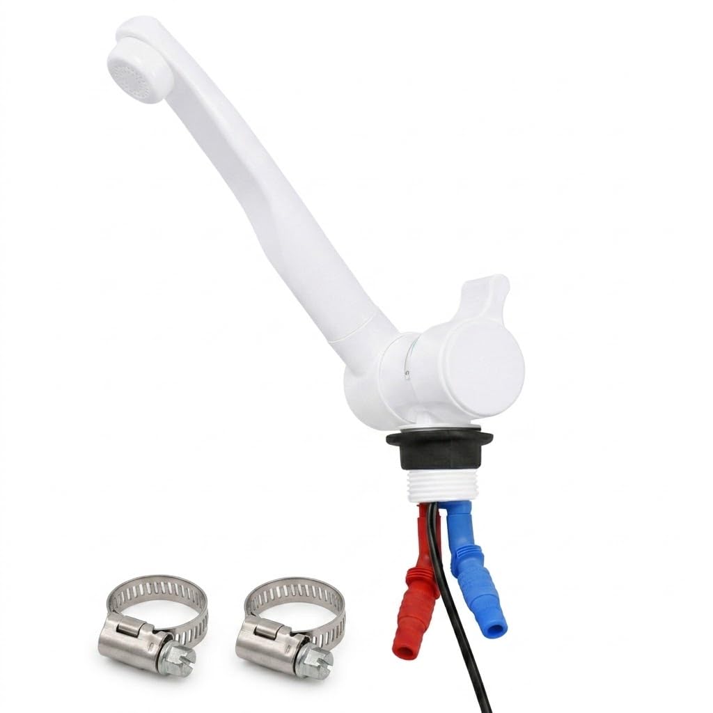 CR-MOESANCO® Grifo 12V Caravana Mezclador Agua Fría y Caliente con 2 Abrazaderas Inox | Grifo Camper Abatible Completo para Furgoneta, Autocaravana y Barco | Altura 4cm, Orificio 27mm, Blanco