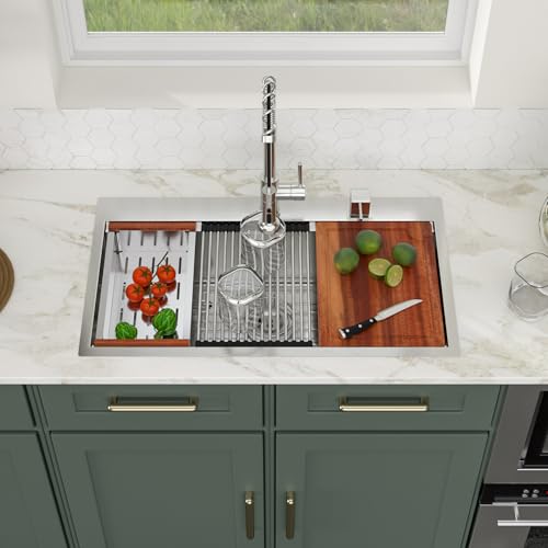 Logmey 33x19 Drop In Kitchen Sink 33 Inch Stainless Steel Workstation Sinks SUS304 16 Gauge Topmount Ledge Single Bowl Overmount Kitchen Sinks 33x19x9