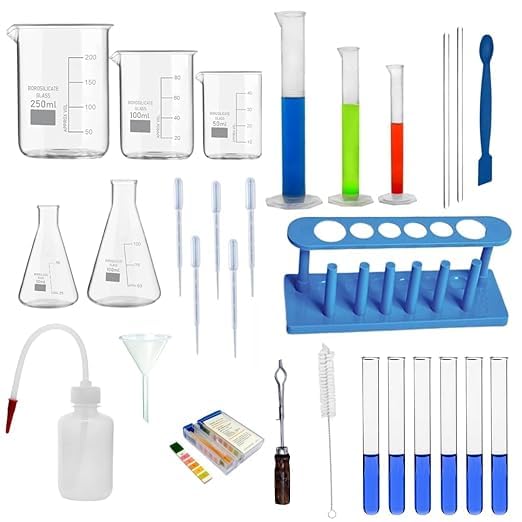 Image of Chemistry Lab 28 Pcs Kit - Borosilicate Glass Beakers, Conical Flasks, Plastic Measuring Cylinders, Test Tubes, Stand, Brush, Stirring Rods, Droppers & More for Students and Labs