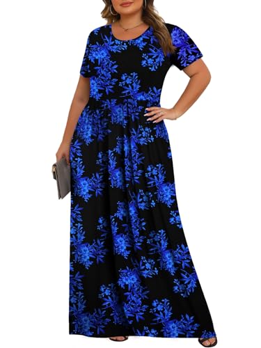 Tencede Womens Plus Size Maxi Dresses Summer 2025 Casual Short Sleeve with Pockets Long Dress 1X-5X2