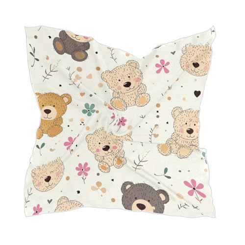 Cute Bear Silk Like Head Scarf for Women,Soft Fashion Neck Scarf Square Satin Head Scarf 23.6 Inches