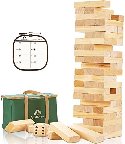 ApudArmis Giant Tumble Tower, 54 PCS Pine Wooden Stacking Timber Game with 1 Dice Set - Classic Block Board Game for Kids Adults Family (2Ft to Over 4.2Ft)