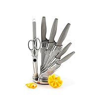 Set Coltelli Da Cucina Excelsa 8 Pezzi Con Ceppo - Lama Nera INOX, Manico Legno, Affilatore Incluso