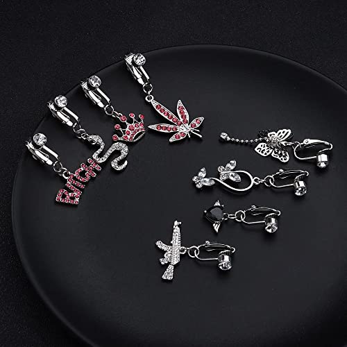Ubgicig 8Pcs Clip On Belly Button Rings Fake Belly Ring For Women Cz Dangle Belly Button Rings Butterfly Snake Heart Crown Belly Rings Non Piercing Jewelry #TOP6
