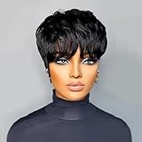 PangDongLai Pixie Cut Human Hair Wigs Short Layered Pixie Cut Wigs for Black Women Glueless Chic Elegent Brazilian Virgin Human Hair For Women Natural 1B Color for Daily Use