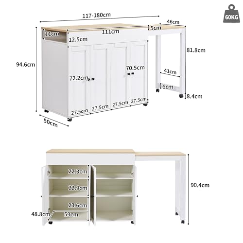 Mesa alta con espacio de almacenamiento e isla de cocina extensible para cenas y desayunos 3