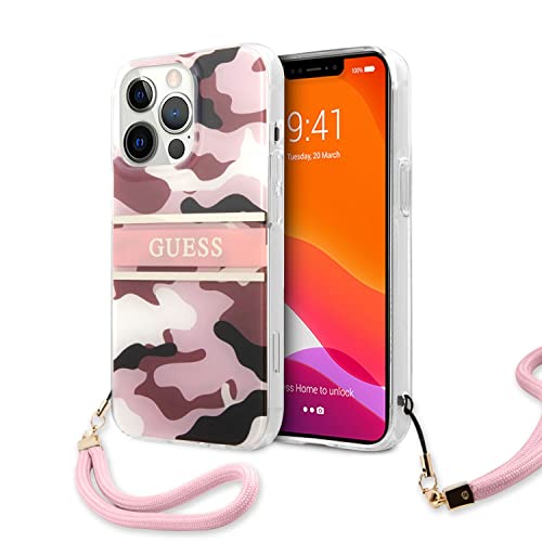 CG MOBILE Guess Coque de téléphone pour iPhone 13 Pro en Camouflage Rose avec Sangle en Nylon, Anti-Rayures, Confortable et Durable, Coque Rigide avec Ports accessibles, Absorption des Chocs et Logo