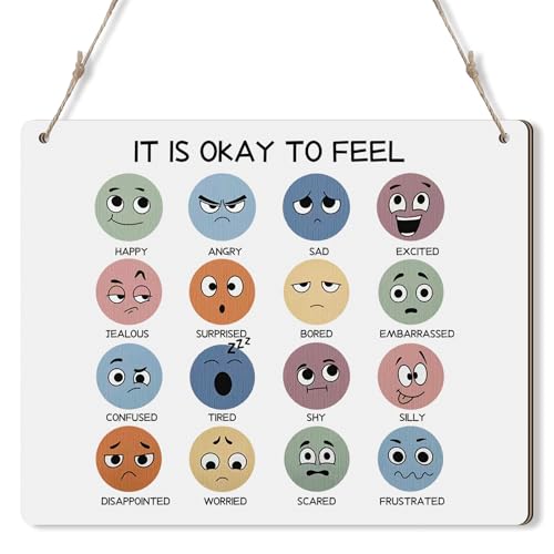 Hoteam Calming Corner Wooden Sign, Feeling Emotion Chart for Classroom Hanging Signs 10x8in Safe Space Classroom Calm Corner Wall Decor for School Feeling Chart Mental Health Teacher Office