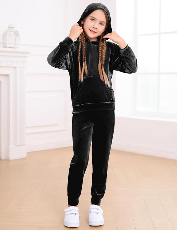 ALVASTRA Children's Soft Velvet Winter Warm Pullover Hoodie and Elastic Waist Sweatpants Set(Black,11-12 Years) 2
