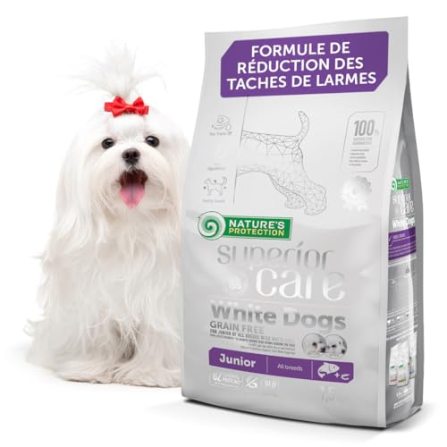 Nature's Protection Superior Care Croquettes Chien Junior à Poils Blancs - Croquette Chien au Saumon, Omégas 3 et 6 - Réduit Les Larmoiements, pour Une Peau et Un Pelage Sains, 1,5kg