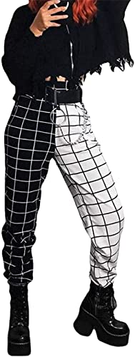 Women s Gothic Plaid Color Block Sweatpants Stretchy High Waist Tapered Stitching Pants Trousers with Pockets (Black, Medium)