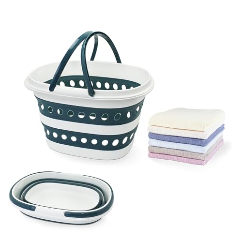 Image of Compact Collapsible Laundry Basket, Small Size Pop-Up Hamper Perfect for Bedroom Side,Bathroom,Travel, Not for Large Families, Foldable with Handle, Measures 16 x 12.5 x 9.5 In, (Blue)