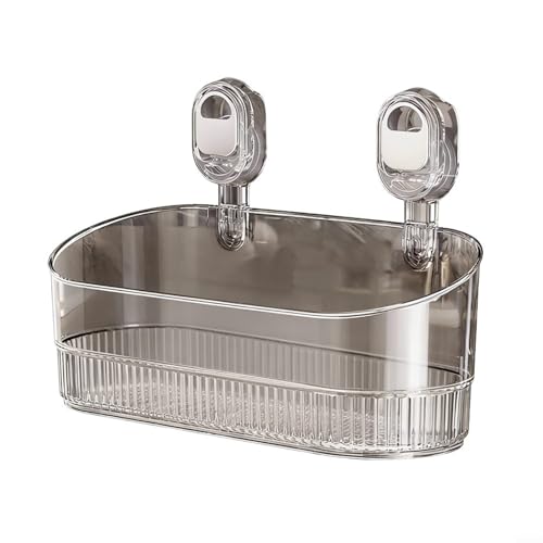 NbgrvB Caja de almacenamiento con ventosa para baño con drenaje integrado y organizador de pared sin taladro, para artículos de tocador, ducha o cocina, transparente o gris (transparente)