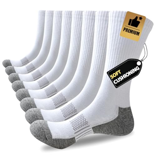 JOYNÉE 8 Pairs Mens Cushioned Crew Athletic Socks, Moisture Wicking Breathable Socks for Sport Running,White,Sock Size:10-13