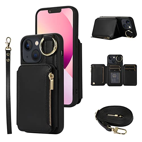 Étui portefeuille en cuir pour iPhone 14 5G avec fermeture éclair et porte-cartes noir