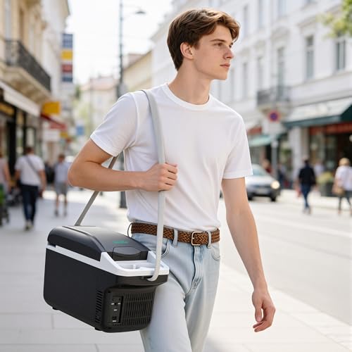 Image of Iceblue Electric Cooler with Type-C, 8 Liter /11 Cans Mini Fridge with Belt, 9V Type-C Thermoelectric Dual-use Car Refrigerator, Car Fridge for Car, Dorm, Travel, Picnic, Gift (Black)