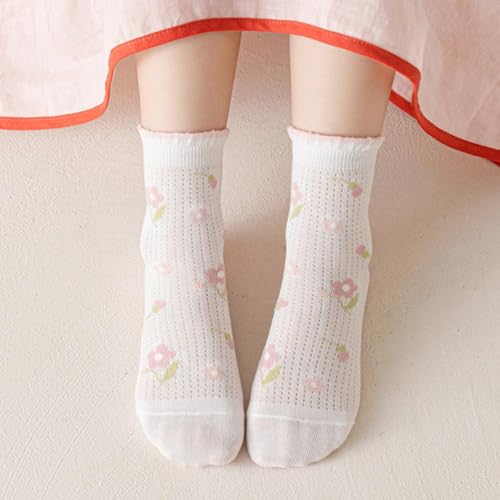 5 Pairs Girls Thin Spring Summer Cotton Mesh Ankle Socks, Breathable Cute Strawberry Trim Princess Mid-Calf Socks4