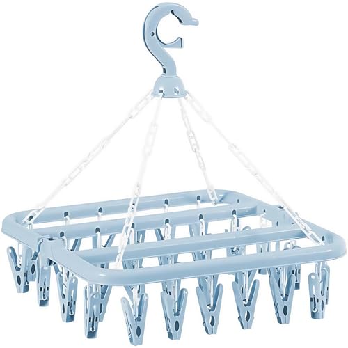 Ezranova Tendedero plegable con 32 clips, gancho giratorio, resistente al viento, perchas para calcetines, ropa interior y toallas