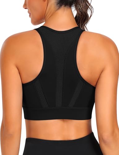 Image of JoyGirl Zip Front Sports Bra High Impact Workout Bra for Women Mesh Racerback Gym Bra Padded High Support Yoga Bra