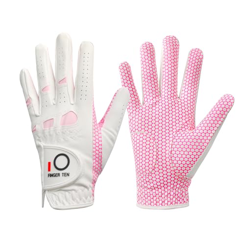FINGER TEN Women's Lady Weathersof Pro Grip Left and Right Golf Glove Value 2 Pack (2 Pink, Medium, Left)