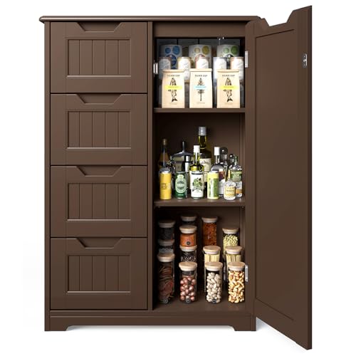 Image of Gizoon 33" Small Kitchen Pantry Storage Cabinet with Door and Shelves, Pantry Cabinet Storage Cupboard, Freestanding Wooden Dresser with 4 Drawers for Bathroom and Dining Room, Dark Brown