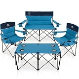 LANMOUNTAIN Oversized 4 Pcs Camping Chair Set with Table,Outdoor Folding Heavy Duty Lawn Chair,Cup Holder,Portable,Loveseat Chair Perfect for Family Hiking,Picnics and Beach Trips,Light Blue