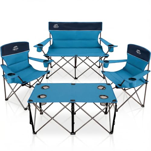 LANMOUNTAIN Oversized 4 Pcs Camping Chair Set with Table Outdoor Folding Heavy Duty Lawn Chair Cup Holder Portable Loveseat Chair Perfect for Family Hiking Picnics and Beach Trips Light Blue
