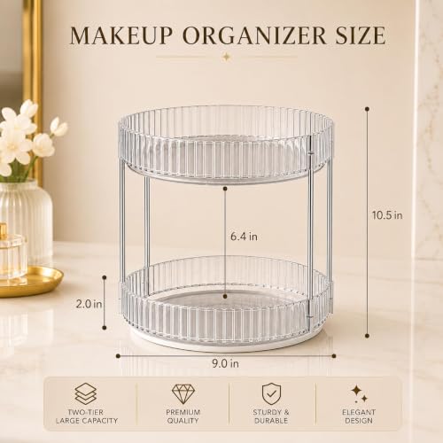Image of MECHDEL Makeup Organiser Box with Drawers, Perfume, Cosmetic and Skincare Storage Stand, Dressing Table Organiser for Lipstick, Nail Polish (360 Rotating-Transparent White, 2 Tier)