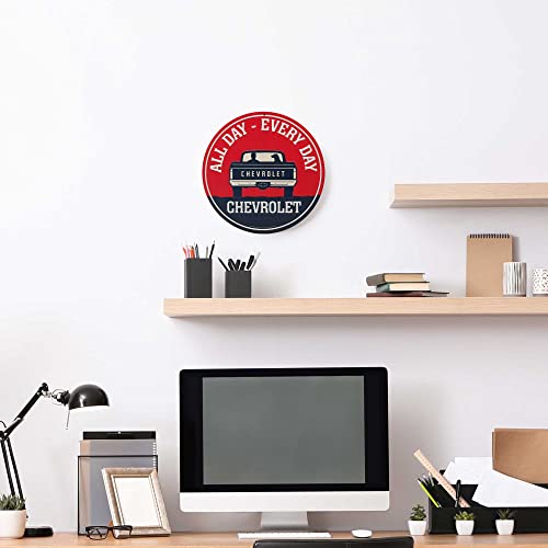 Image of Chevrolet All Day Every Day Round Embossed Metal Sign - Chevy Truck Wall Art for Garage, Shop, or Man Cave