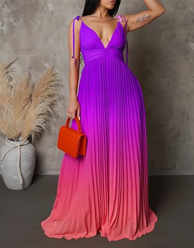 Image of ZVO Women Maxi Dress Sexy Cocktail Party Long Dress Summer Loose Beach Dresses A-line Pleated Halter Dress