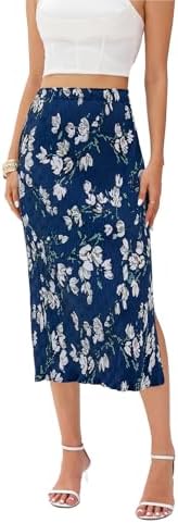 Midi Skirts for Women with Slit Long Knee Length Floral Elastic Pleated High Waisted Womens Skirt