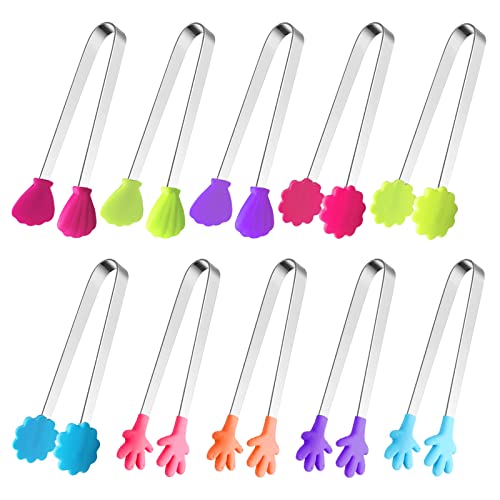 10PCS Silicone Mini Tongs, 5Inch Hand Shape Food Tongs, Colourful Small Kids Tongs for Serving Food, Ice Cube, fruits, Sugar, Barbecue by Sunenlyst (Palm flower assorted)