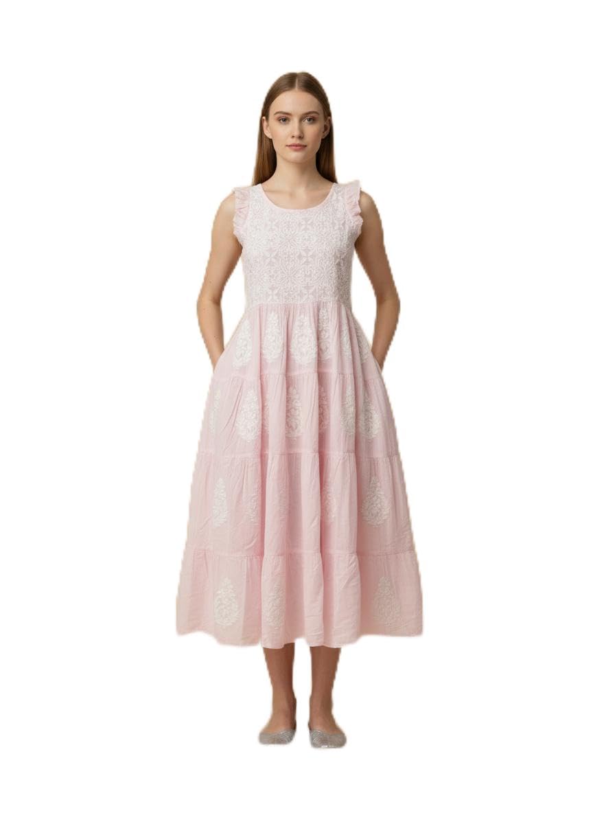 Women's Pink Pure Cotton Hand Embroidered Chikankari Dress Sleeveless Flared Ethnic Wear-picture-18