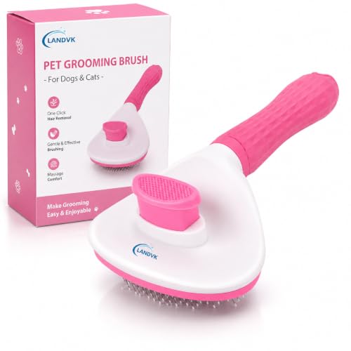 Image of LandVK Self Cleaning Slicker Brush for Dogs & Cats, Pet Grooming Shedding Brush, Easy Push Button Hair Removal, Removes Loose Undercoat, Mats & Tangles, Massage Comb for Long & Short Hair, Oval, Pink