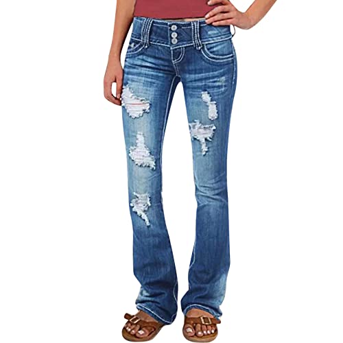 Jean femme en coton extensible bleu XXL coupe évasée avec genoux déchirés et imprimé cœur