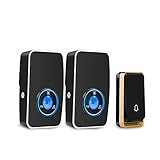 【No Battery Required】Wireless Doorbell Waterproof, AURTEC Door Chime Kit with 2 Plug-in LED Flash Receivers & 1 Press Self-powered Transmitter, 51 Chimes and 4 Volume Levels, Black