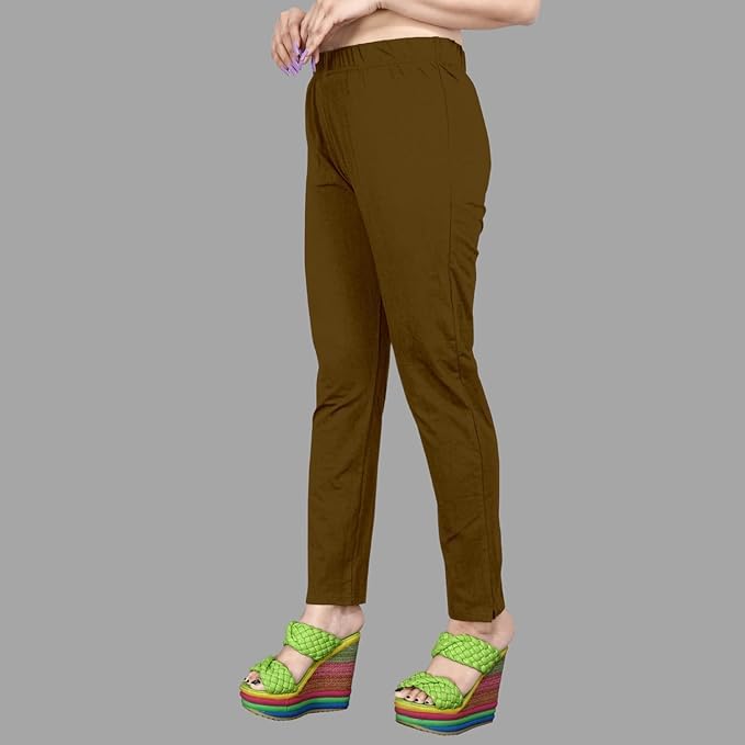Image of Women's Solid Cotton Lycra Pants-High Waist Slim Fit Stretchable Leggings - Comfortable Long Trousers for Casual, Office & Everyday Wear