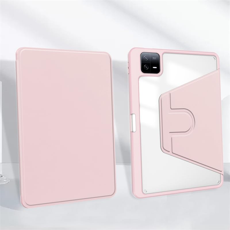 Rotating Case for Xiaomi Pad 5/5 Pro 11" 2021,360 Degree Rotation Protective Stand Smart Tablet Slim Hard Shell Folio Cover Clear Back with Hand Pen Holder, Auto Wake/Sleep (Pink)