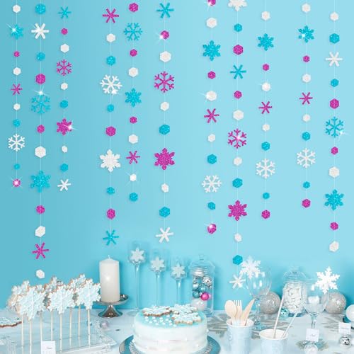 Image of 52 Ft Snowflakes Party Decorations Silver Purple Blue Glitter Paper Snowflakes Garland Streamer for Winter Wonderland Christmas Holiday Frozen Birthday Wedding Baby Shower Bridal Shower Party Supplies