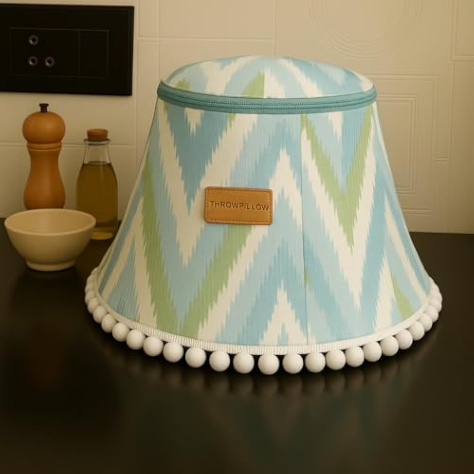 Mixer Cover with Pom Pom Cone Shape Aqua Blue Print