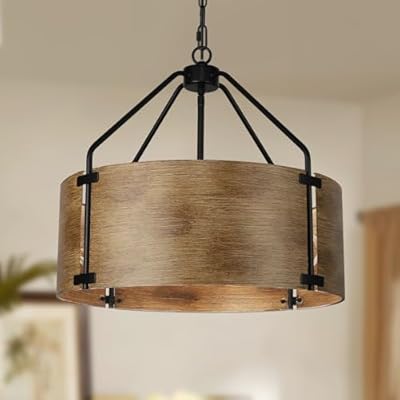 CNRATYE 4-Light Farmhouse Drum Chandelier, Rustic Industrial Round Metal Hanging Light Fixture for Dining Room Foyer Entryway Kitchen Bedroom Living Room, Antique Woodgrain Finishe