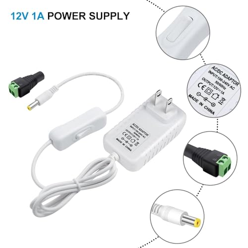 Image of 12V Power Supply, 12 Volt 1A 12W DC Power Supply with On Off Switch, White Switching LED Power Adapter, AC 110V to 12V Transformer Plug for LED Strip Lights with 5.5 /2.1 DC Female Connector, 3 Pack