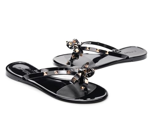 Image of Studded Jelly Shoes for Womens Bow Flip Flops Jellies Sandals Flat Black Summer Beach Thong with Rivets Strappy Slides Slip On