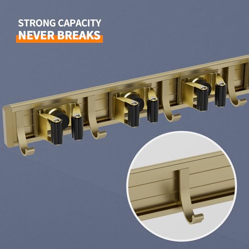 Image of reliahom Broom Holder Wall Mount Mop Hanger Tools organizer 4Racks 5Hooks | Adjustable Mop Broom Wall Hanging Heavy duty Tools Storage Rack Space-saving for Garage,Kitchen,Laundry Room,Garden, Bronze