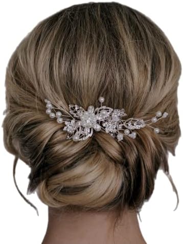 SWEETV Bridal Hair Comb Clip Pin Rhinestone Pearl Wedding Hair Accessories for Bride Bridesmaid, Silver
