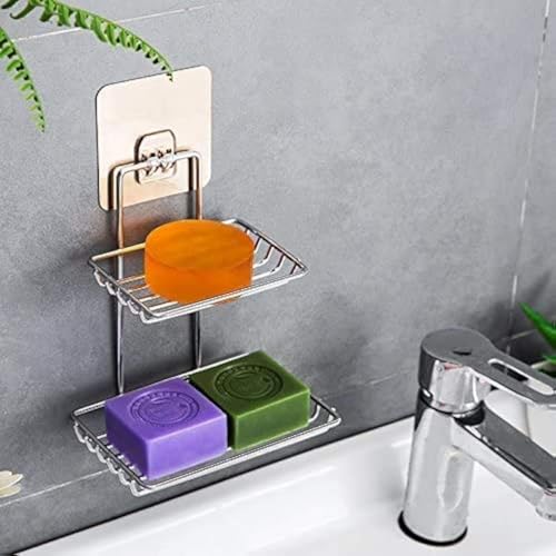 Image of ORJILO Wall Mounted Double Layer soap Dish Holder Stainless Steel Wall Hanging Soap Storage Rack for Kitchen Bathroom-with Self Adhesive Magic Sticker (Silver)