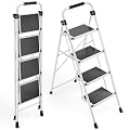 KINGRACK 4 Step Ladder, Folding Step Stool with Anti-Slip and Wide Pedal, Lightweight Stepladder with Handrails, Portable for Kitchen, Household, White